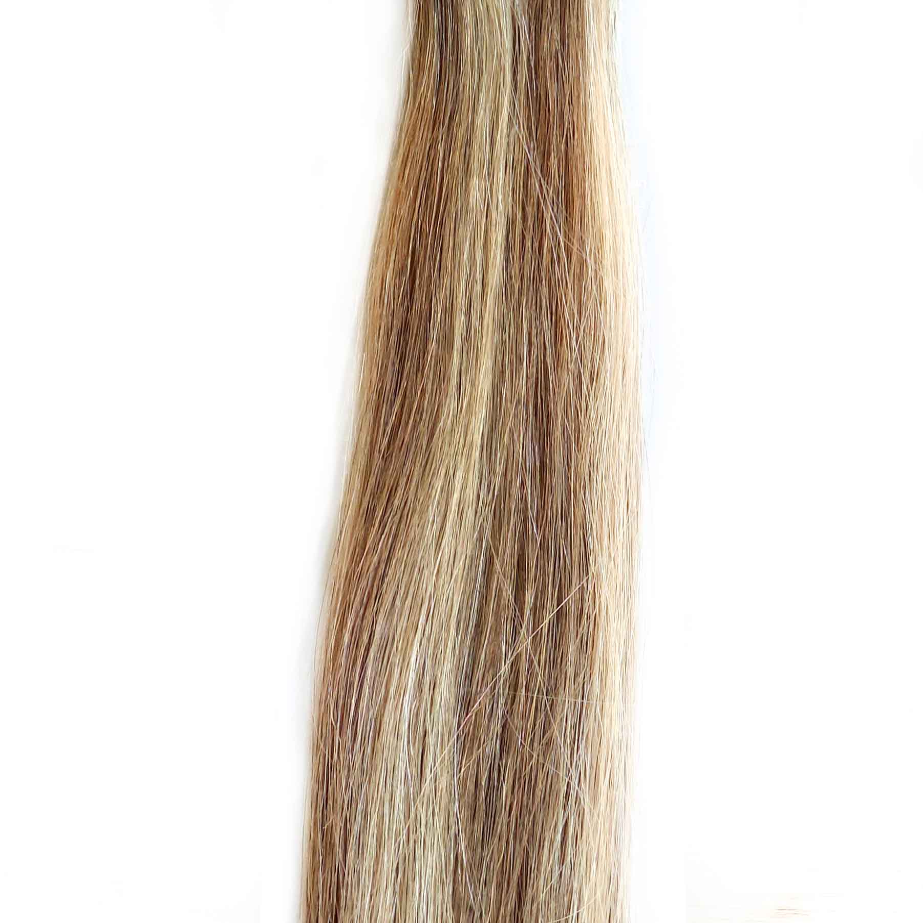 Color de DH Hair Extensions mechado en color 18 Rubio medio ceniza y 107 Rubio clarísimo ceniza leve